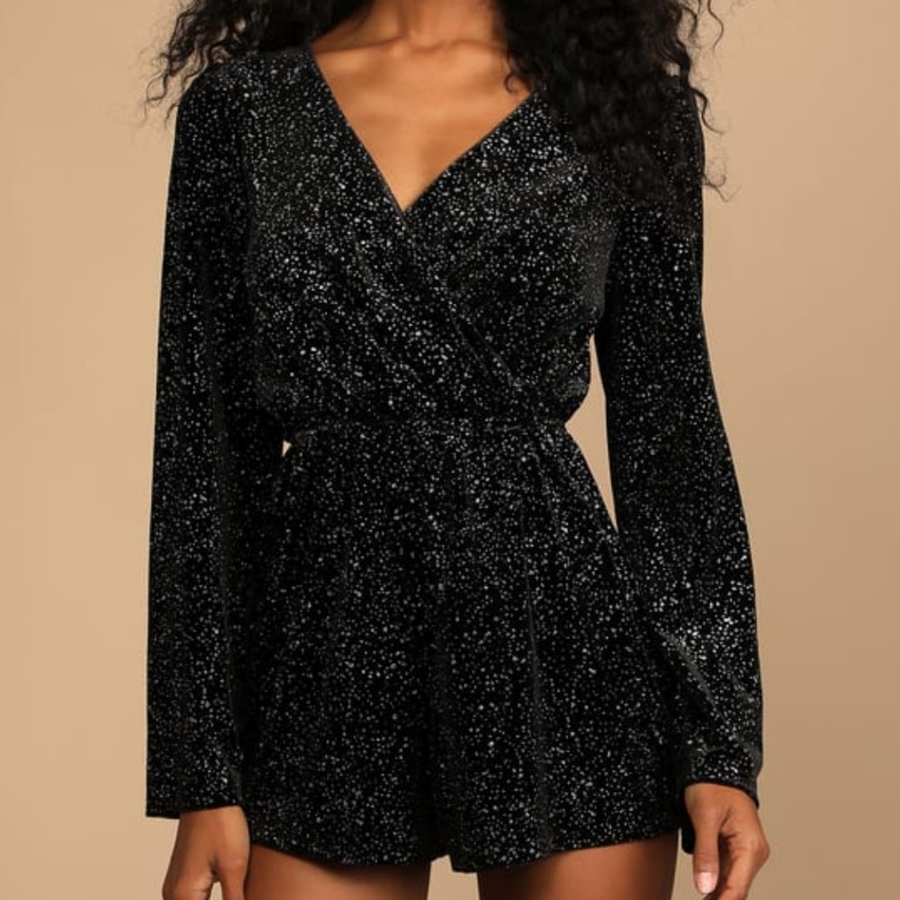 Lulu’s Beneath a Starry Sky Black Velvet Sparkly Long Sleeve Romper